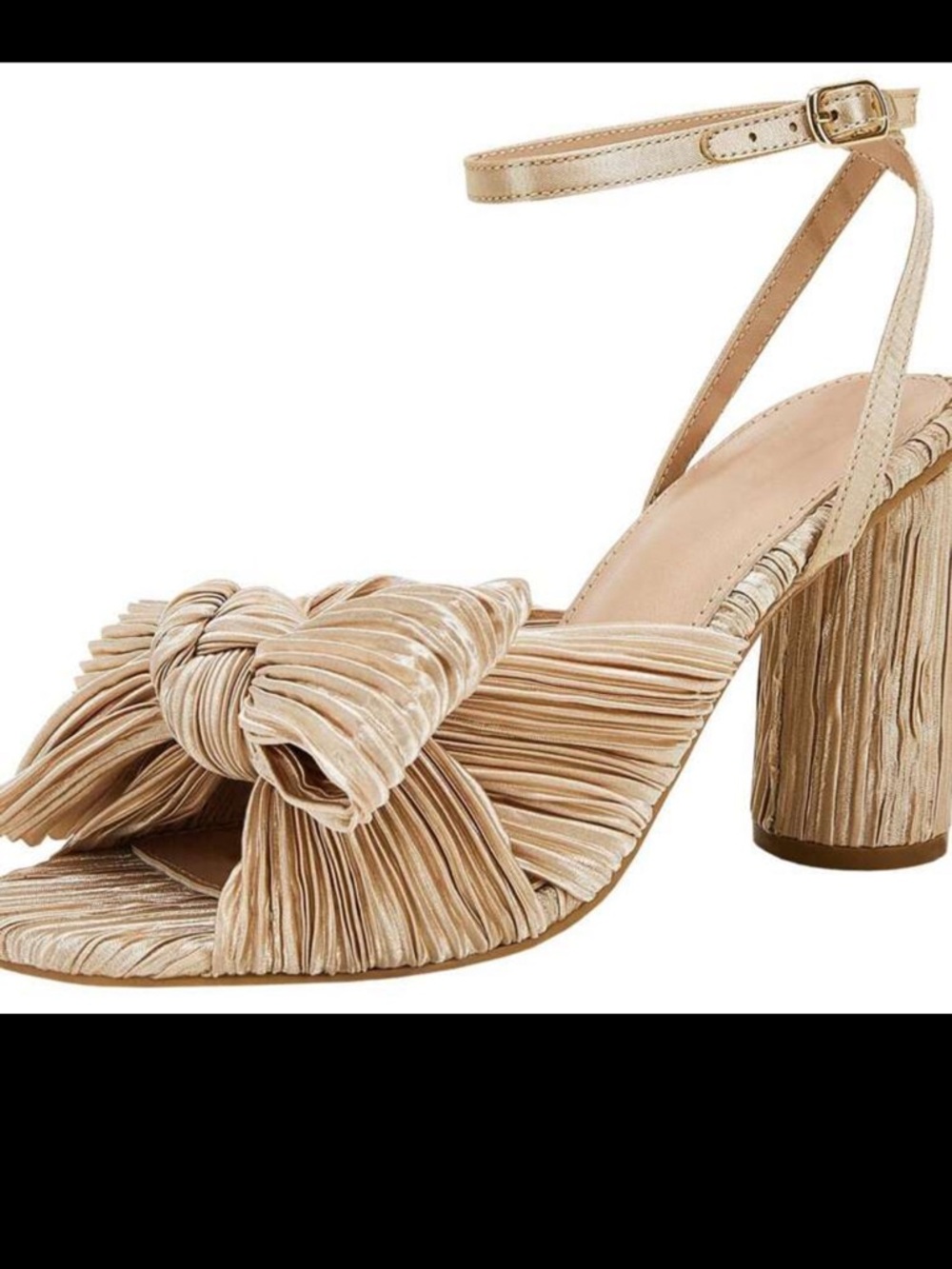 NEW IN BOX! Still wrapped !!! Ankle-Strap Bow Block Heel Sandal in gold
